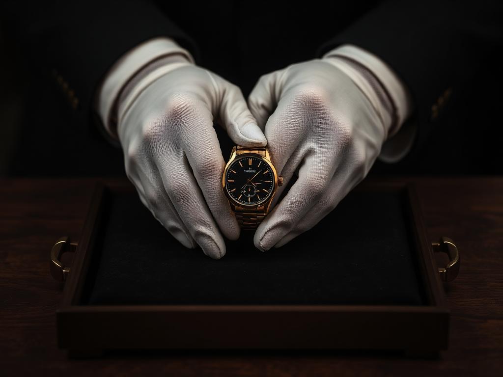 Gloved hands holding a luxury wristwatch above a dark velvet presentation tray