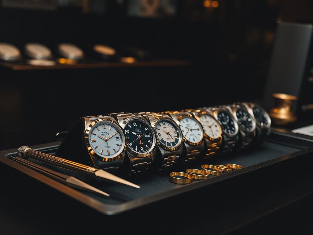 Dealer counter with a row of pre-owned luxury watches, gold rings and tweezers on a dark tray