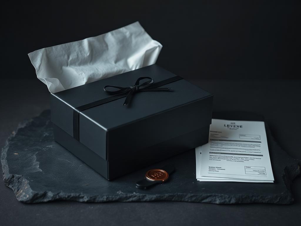 White-glove packing station with a black presentation box, wax seal and shipping documents
